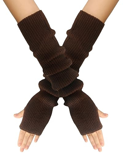 Wambere Damen Mädche Winter Fingerlose Armstulpen Langarm Fäustlinge Handschuhe Feinstrick lang Handwärmer Stulpen,Warm Strick Handschuhe Pluswärmer Strickhandschuhe,Braun