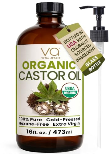 VITAL AFFAIR Pure Castor Oil Organic Cold Pressed Unrefined Glass Bottle-USDA Certified for Castor Oil Pack Wrap for Face,Hair Growth,Eyelashes,Eyebrows-16oz