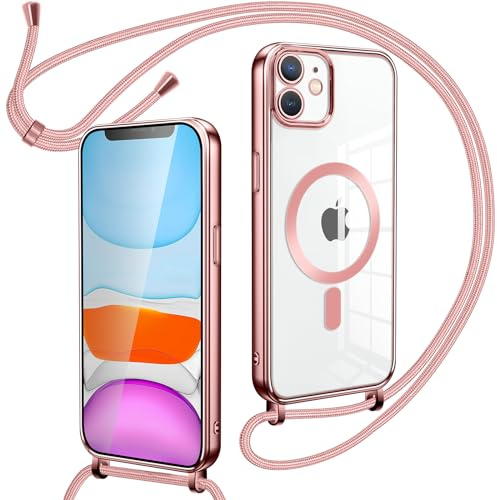 Oelrstfe Magnetische handyband mit Band für iPhone 11 Hülle - Necklace HandyHülle Transparente zum Umhängen mit justierbarer und Abnehmbarer Kette, Crossbody Magnet Clear Cover - Rose-Gold