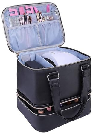 Borsa portaoggetti per smalti, a doppio strato, portatile, organizer per smalti, per 30 bottiglie, per lampada per unghie, smalti per unghie, accessori per unghie, nero