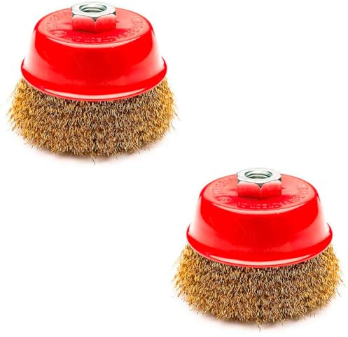 Tradineur - Pack de 2 cepillos de alambre - Apto para amoladoras angulares - Cepillo de acero - Ideal para eliminar óxido, corrosiones de las superficies de metal y madera - Ø 75 mm