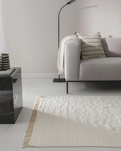 benuta Basic Baumwollteppich Tom - Creme 80x150 cm - Handgewebter Wohnzimmer Teppich - 100% Recycelte Baumwolle - Für Fußbodenheizung geeignet