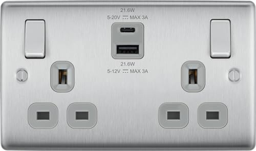 BG Brushed Steel Double Socket with USB 22W Type A & Type C USB NBS22UAC22G