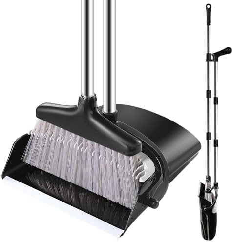 Bingobang Dustpan and Brush Set Long Handled – Broom and Dustpan Set Reduce Bending Tall Lobby Dustpan and Sweeping Brush (Black-Grey)