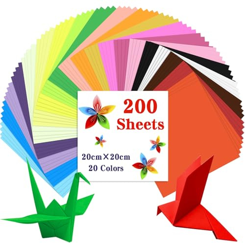 200 Blatt Origami Papier 20 x 20 cm, Caianwin 70 g/m² 20 Farben Buntes Papier Quadratisch Faltpapier für Haus, Schule, Kunstprojekte und Partys handgemachte DIY Origami