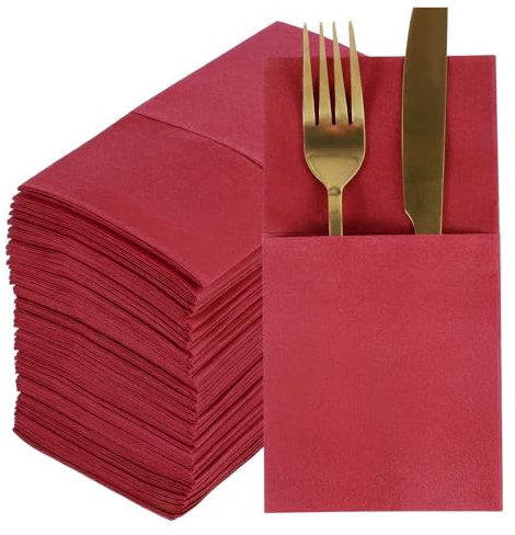 AMEEDA Dinner Napkins with Built-in Flatware Pocket 50 Pcs Disposable Linen-Feel Dinner Napkins with Built-in Flatware Pocket Prefolded Cloth Like Paper Napkins For Wedding Party(Claret)