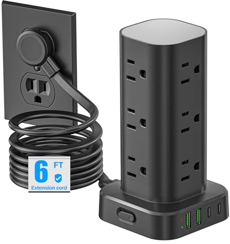 Tower Power Strip with Surge Protector - 12 AC Outlets & 4 USB Ports (2 USB-C), 6FT Extension Cord, Charging Station Tower for Home Office Dorm Travel (Black)