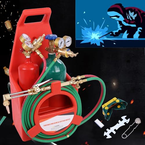 tinysiry Kit de torche à oxygène acétylène, kit de torche de soudage portable avec régulateurs de jauge, kit de torche de coupe à l'oxyacétylène, torche de brasage à gaz, longue buse en laiton, rouge