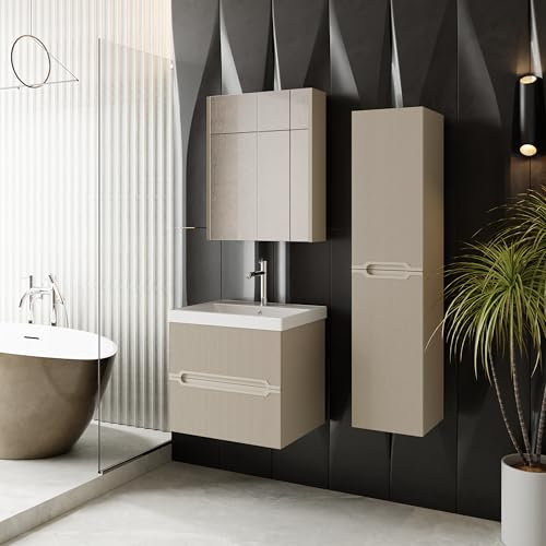 Badmöbel Set Bella 60 | Keramikwaschbecken | Unterschrank | Spiegelschrank | Softclose-Schubladen & -Türen | Riffeloptik & Griffmulden | Eleganter Stil | Badmöbel | Waschtisch mit Unterschrank 60 cm
