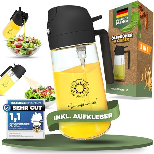 KNUSPERLIEBE® 2-in-1 Ölsprüher und Ölspender 470ml für Speiseöl, inkl. 5 Aufkleber, ideal für Airfryer, Olivenöl Flasche, Ölzerstäuber, Ölspray Zerstäuber, Sprühöl, Küchen Gadgets für Kochen, BPA-FREI