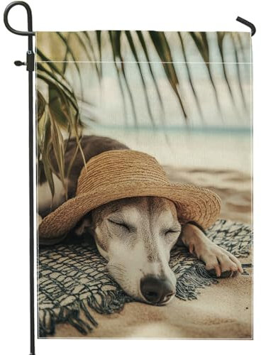 Gartenflagge für den Sommer, Strand, brauner Hund mit Strohhut, dekorative Gartenflaggen, doppelseitige Rasendekoration für Tierliebhaber, 30,5 x 45,7 cm