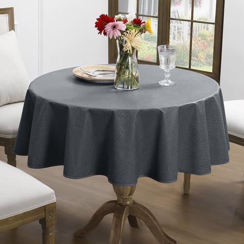 Romanstile kleine Wachstuchtischdecke rund 100 cm mit Saum Leinenoptik Anthrazit Outdoor Tischdecke wetterfest wasserdicht Gartentischdecke Table Cloth für Draußen,Balkon,Couchtisch,Garten,Terrasse