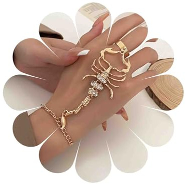Yienate Punk Rhinestone Escorpión Dedo Anillo Pulsera Escorpión Mano Arnés Pulsera Gótica Cristal Escorpiones Esclavos Mano Pulseras Cadena Anillo Abierto Pulseras Amistad Joyería Para Mujeres