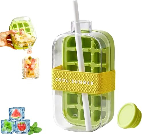 Ice Cube Bottle with Straw, 2 in 1 Water Bottle Ice Cube Tray with Lid Portable One-Touch Ice Release & No Touching for Home Outdoor Office Coffee, Juice (Green 800ML)