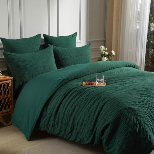 Luowei Biancheria da letto in seersucker, 135 x 200 cm, motivo a righe, verde scuro, 2 pezzi, per la decorazione della camera da letto, con federa 80 x 80 cm