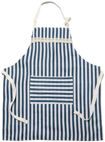 CABODYALS Blau Gestreifte Baumwollschürze Ärmellos Mit Großen Taschen Verstellbaren Trägern Und Taillenbändern Stoff Mit Floralem Spitzenbesatz Arbeitsschürzen Für Zuhause Küche Kochen Garten Künstler