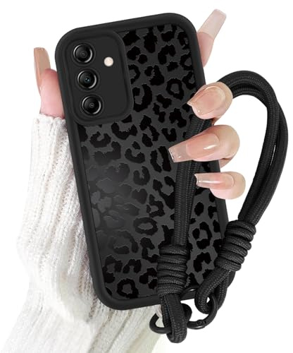 Coalbooliy Handyband für Samsung Galaxy A54 5G Handyhülle 6,4'' mit Band Kette, Aesthetic Schwarzer Leopard Sommer Muster Mädchen Design mit Kordel zum Umhängen Schnur Cover Silikon Case, 02