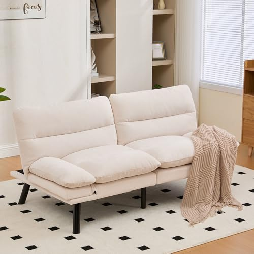 LIFEISLE Sofa 2er Sitzer Schlafsofa mit Schlaffunktion, 165CM Eckesofa mit Verstellbarer Rückenlehne und Armlehnen, Klein Couch Geeignet für Wohnzimmer Apartment, Chenille Beige