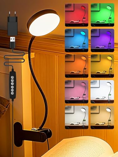 Leselampe Bett, 72 LED 10 RGB Farben+10 Helligkeit Klemmlampe, 500 Lumen Augenschutz Schreibtischlampe, USB Adapter Klemmleuchte für Leselicht/Nachttischlampe/Nachtlampe/Schlafzimmer/Schreibtisch