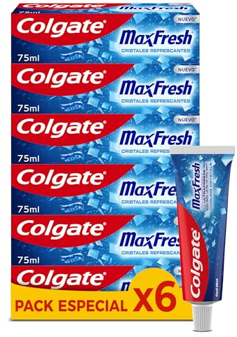 COLGATE - Max Fresh - Cristaux Fraîcheur Dentifrice Menthe Fraîche - Fraîcheur 10x Plus Longue - Lot de 6 tubes x 75ml
