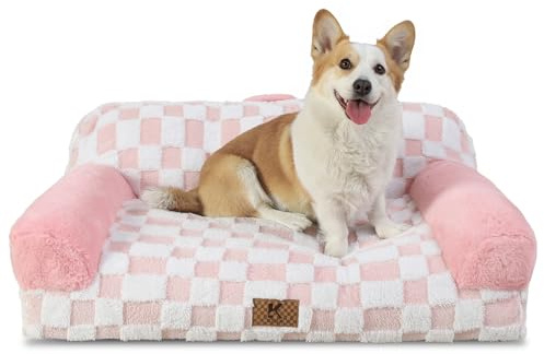 KSIIA Moyen Canapé Panier Chien Dehoussable Lavable 89x56 cm, Lit pour Chien Orthopédique, Panier Chat Moelleux Confortable, Base Antidérapante, Canapé pour Chien avec Accoudoirs et Dossier, Rose