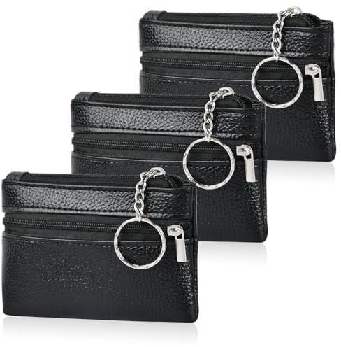 3 Stück Schlüsseltasche, Schlüsseletui, Schlüsselmäppchen Leder, Schlüsseletui Klein mit Reißverschluss für Damen und Herren, 2 Separate Fächer, Mini Schlüsseltasche Schwarz Schlüsselringen