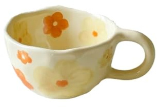 Crepundia Tasse à Café avec Soucoupe, Tasses en céramique à fleurs irrégulières pincées la main, tasses café, tasse thé au lait, flocons d'avoine, de petit-déjeuner, verres, cuisine(Orange flower)