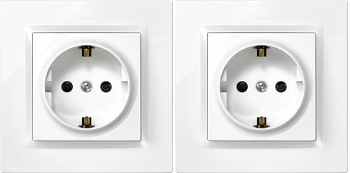 SIMON - Enchufe de Empotrar Schuko, Serie Simon 10, 250V, 16 A, Enchufe de Pared Plano y Fino, Fácil de Instalar, Incluye Marco, Tapa y Mecanismo, Base de Enchufe Hembra Color Blanco (Paquete de 2)