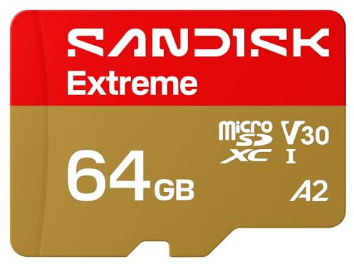 SANDISK Extreme microSDXC 64 GB, UHS-I-Karte + SD Adapter (bis zu 170 MB/s Lesen und 80 MB/s Schreiben, 5K Video, C10, V30, U3, A2) Actionkameras, Drohnen, Android-Geräte | UHS-I U3 microSDXC mit 245 MB/s Lesegeschwindigkeit und V30 Bewertung für Drohnen, Action-Kameras und Konsolen