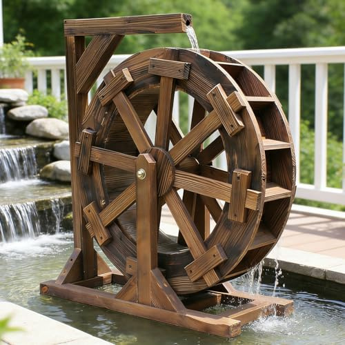 chengxiaorui Fuente de Noria de Madera, Fuente de jardín Exterior con Soporte, Noria autogiratoria para Patio, Estanque y Piscina, decoración Retro Vintage con circulación(60cm)