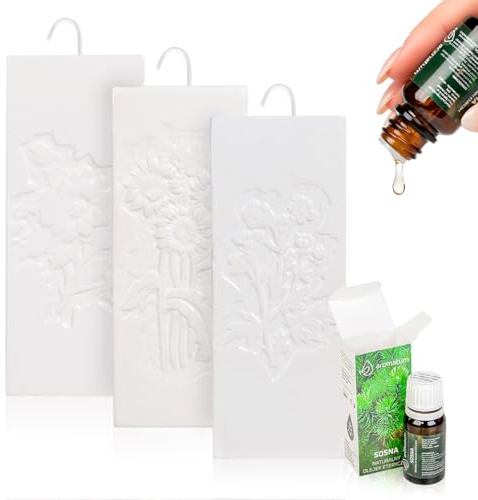 SUPERBUTELKI.PL Humidificador de cerámica para radiadores – Humidificador de cerámica de alta calidad para colgar, reutilizable, ahorro de energía (3 flores en relieve + aceite de pino)