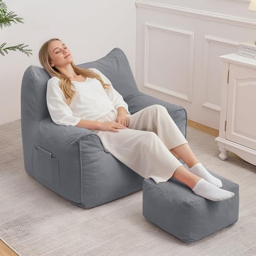 HOMMPA Sitzsack Erwachsene XXL mit Hocker für Wohnzimmer,Schlafzimmer,Grau | Katzenförmiges Sitzsack Sofa aus Cord Großer Sessel und Lesesessel mit Waschbarem Bezug Rosa