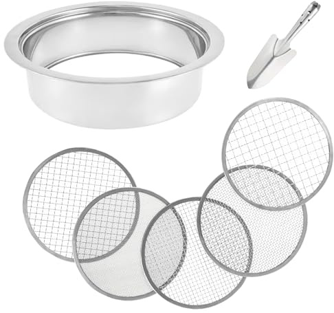 5 in 1 Gartensieb aus Edelstahl kompostsieb durchwurfsieb, Garten Rundsieb, Erde Sieb Set mit Spaten, 5 Größen austauschbare Siebeinsätze Ø 1,3,5,7,9mm, für Kompost Sand Erde Stein Filterung usw