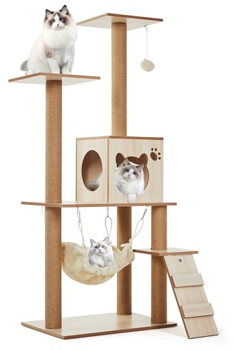 Garvee Arbre à Chat en Bois – Hamac Confortable, étagère Solide, Maison pour Chats – Griffoir intégré, Structure Stable – Adapté Grands et Moyens Chats, Plusieurs Chats – Gain de Place – Couleur Bois