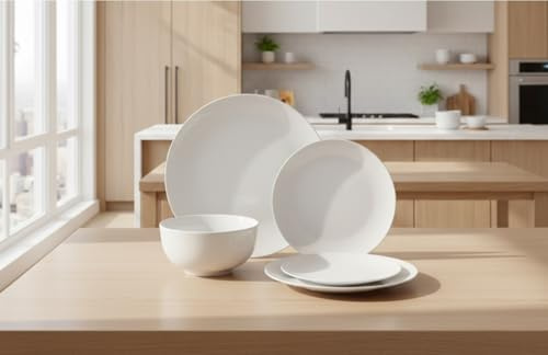 Waterside 18pc White Porcelain Dinner Set, 6 Dinner Plates, 6 Side Plates & 6 Deep Bowls - Dishwasher & Microwave Safe