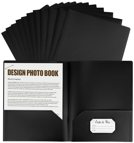 HEMOTON 12 Pièces Dossier Noir en Plastique Léger avec Double Pochettes et Emplacement pour Carte de Visite, Organiseur de Fichiers pour Bureau et Rangement de Documents A4