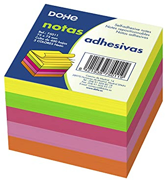 DOHE -Würfel mit wieder abziehbaren Haftnotizen. Neonfarben. Würfel mit 400 Blatt. Papiergewicht 75 g. Ideal für Büro und Schule.