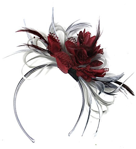 Fascinator-Haarband, mit Federn, silbergrau und weinrot, Haarreifen, Stil der königlichen Hochzeiten