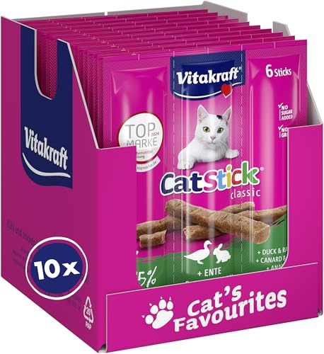 Vitakraft Cat Stick Classic, Katzensnack, fleischige Mini-Sticks, mit Ente und Kaninchen, in Vorratsgröße (10x 6 Stück)