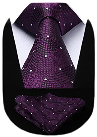 HISDERN Extra Lange Check Krawatte Taschentuch Herren Krawatte & Einstecktuch Set Lila und Weiß