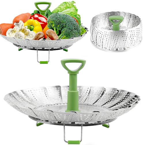 Consevisen Cesta de vapor de verduras para cocinar alimentos, cesta de vapor vegetal de acero inoxidable para olla, inserto de vapor plegable expandible con mango extensible para ollas de varios