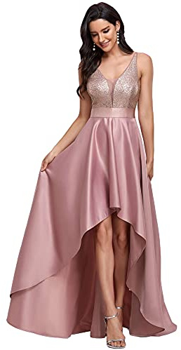Ever-Pretty Women's V Neck Elegant A Line Hi-Low Empire Waist Satin Skirt Long Evening Dresses with Sequin Orchid 10UK