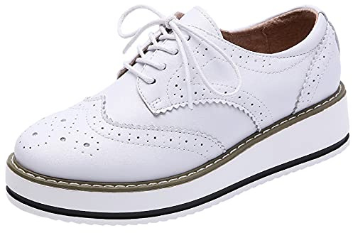 ANUFER Dam snörsko brogues plattform Creepers casual sneakers skor, Vit1, 39 EU