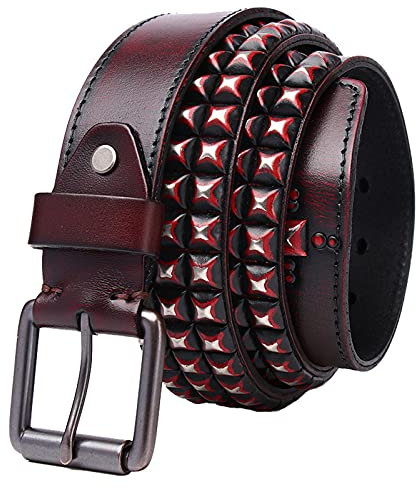 3 Reihen Pyramide Metall Nietengürtel Echtes Leder Gürtel Mit Legierung Dornschließe Herren Damen 38Cm Breit Punk Rock Style 105Cm - 125Cm Kürzbar,Rot,120cm/waist:40~42