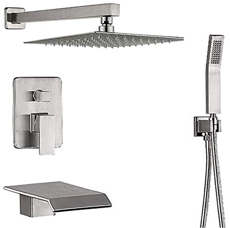 Sistemis Soffione a Pioggia 12 Pollici kit Doccia Miscelatore a 3 Funzioni Set Doccia a Cascata per Vasca-Nichel spazzolato
