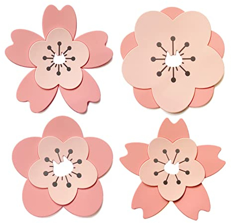 Set of 4 PVC Sakura Coasters Non-Slip Tea Mug Mats Pot Bowl Pad Placemat Kawaii Flower Table Decor Placemat Pink Cup Mat Cherry Blossom Accessories (4.5in)
