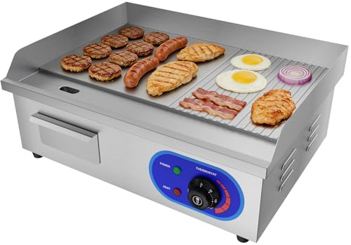 TAIMIKO Plancha électrique professionnelle en acier inoxydable Plaque de gril en fer (54 x 30 cm Lisse & Rainures)