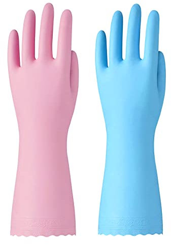 Decatela Pairs Reusable Cleaning Gloves - Latex Free Kitchen Cleaning Gloves with Cotton Liner- Household Dishwashing Gloves, Non- Slip Waterproof (Small, Blue+Pink)