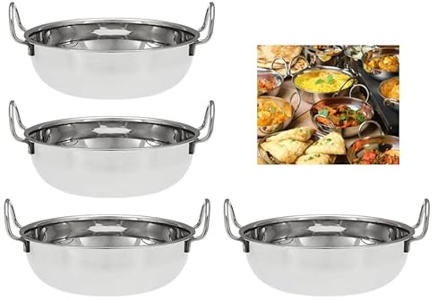 U COOK Balti Dish Set of 4. Stainless Steel 15cm, Curry Bowel and Indian Cuisine Dishes. Multipurpose Indian Serving Karahi Restaurant Style Food Cooking and Serving Handled Dishes. (15cm x 4 Pack)