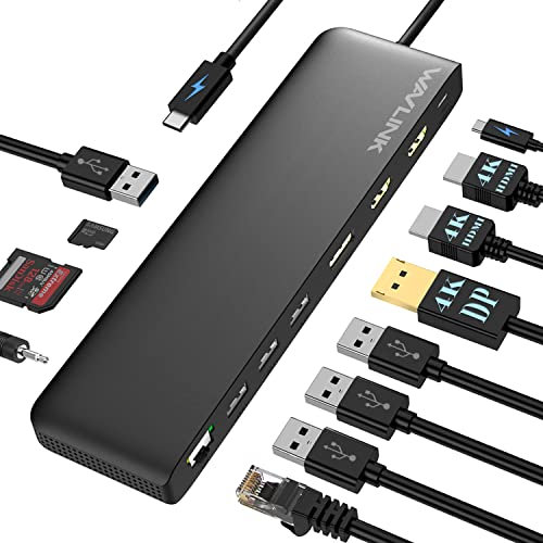 WAVLINK Docking station USB C, supporta 3-Monitor, con DisplayPort, 2 HDMI, Gigabit Ethernet, 100W PD, USB 3.0, SD/TF, Audio/Mic, per Windows 7/8/10/11, Mac OS X e superiore.
